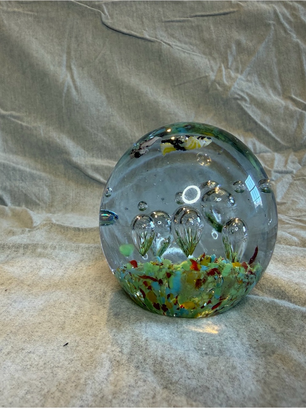 Hand-Blown Glass Paperweight with Green and Multicolor Accents butterflies
